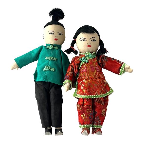 VTG Asian Japanese DOLLS 8" Embroidered Cloth Boy Girl Silk Kimono Top Pants - Picture 5 of 11